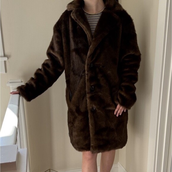 Jackets & Blazers - Dark Brown Faux Fur Mid-Length Coat Women’s XL (175/96A) Lined Classic Wear